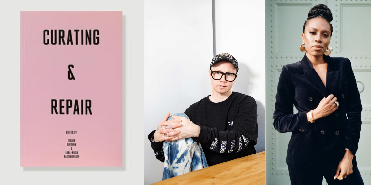 Titelbild von „Curating and Repair“, gestaltet von Sarah Boris, erschienen bei 1000 Words, 2026. / Orlan Ohtonen © Venla Helenius, 2025 / Lisa Anderson © Eddie Otchere